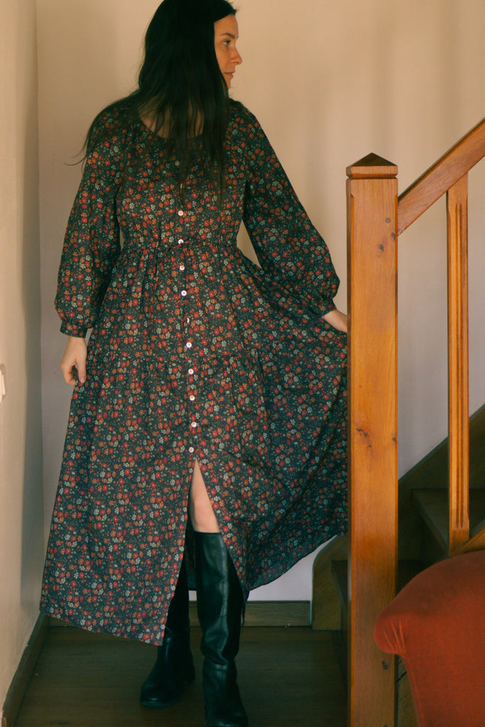 Loïse wearing the Harvest Moon dress hack with full-length button placket in floral midi length